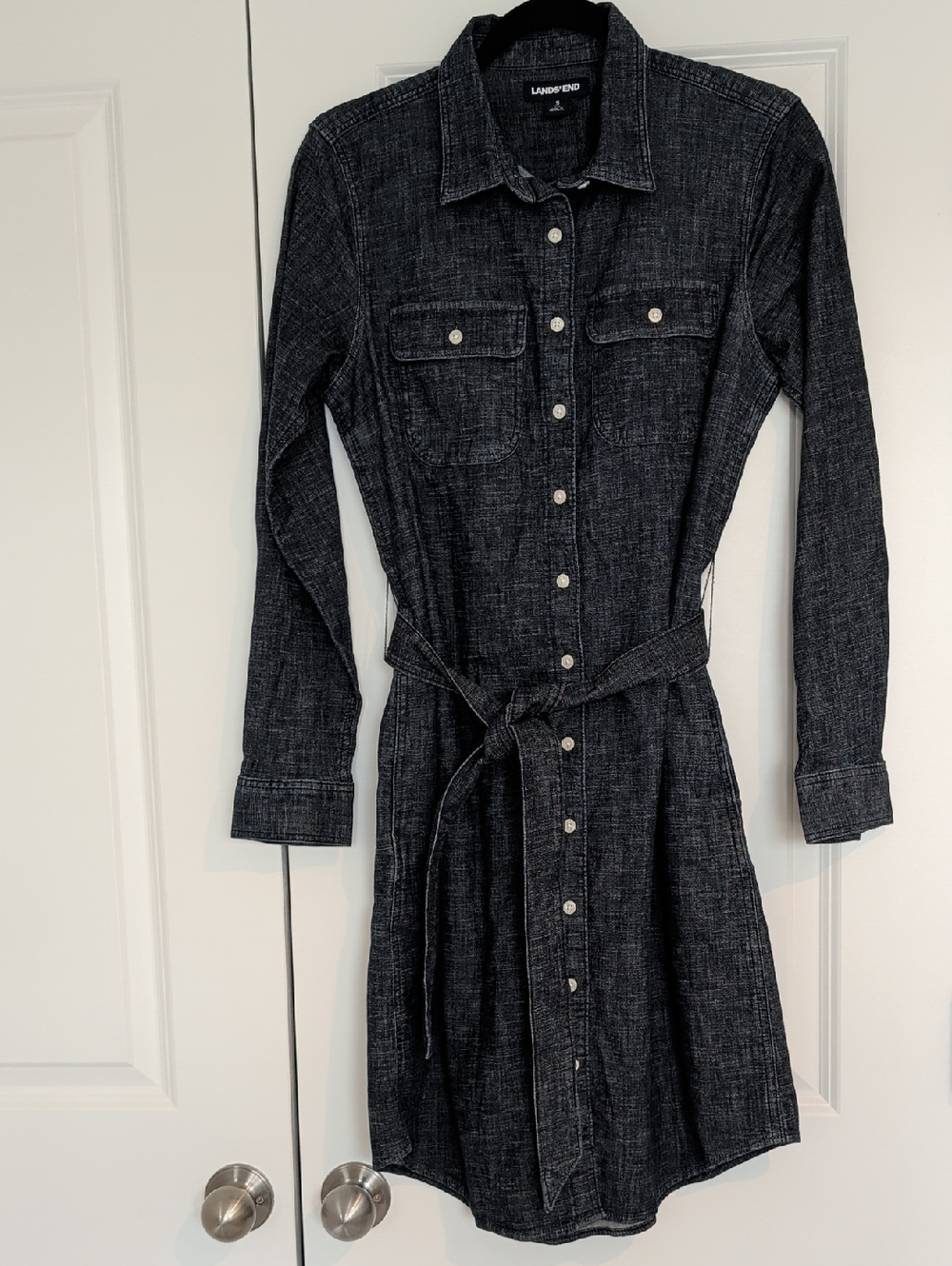 Lands' End Dark Charcoal Denim Shirt Dress with Tie Belt